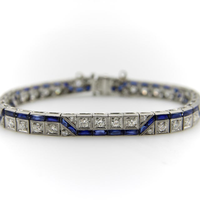 Art Deco Art Deco Diamond and Sapphire Line Bracelet With Zig-Zag Pattern For Sale - Image 3 of 10