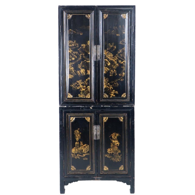 Antique Chinese Black Lacquer 2 Piece Cabinet W Gold ...