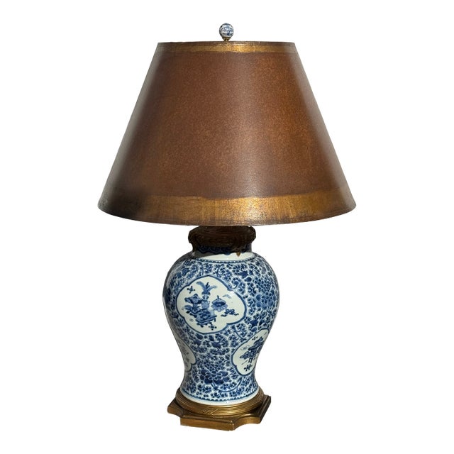 19c. Chinese Blue and White Lamp With Custom Shade For Sale