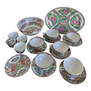 Vintage Large Chinese Famille Rose Medallions Set Salad Bowl, Oval Platter, Tea Cups & Saucers, Mini Sake/Rice Bowls Set - 19 Pieces For Sale
