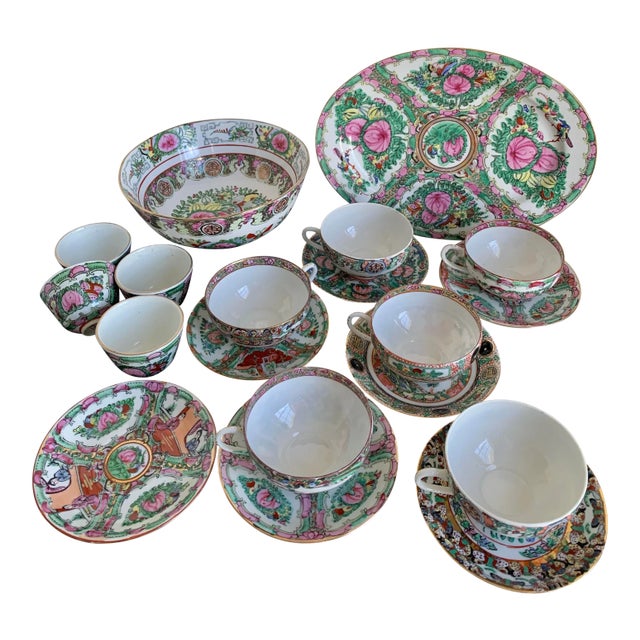 Vintage Large Chinese Famille Rose Medallions Set Salad Bowl, Oval Platter, Tea Cups & Saucers, Mini Sake/Rice Bowls Set - 19 Pieces For Sale