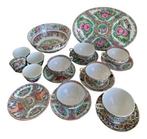 Vintage Large Chinese Famille Rose Medallions Set Salad Bowl, Oval Platter, Tea Cups & Saucers, Mini Sake/Rice Bowls Set - 19 Pieces