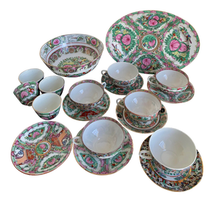 Vintage Large Famille Rose Medallions Set Salad Bowl, Oval Platter, Tea Cups & Saucers, Mini Sake/Rice Bowls Set - 19 Pieces