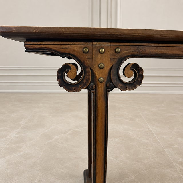 Vintage Chinese Ming Style Hardwood Altar Console Table With Brass Studs & Fretwork For Sale - Image 12 of 15