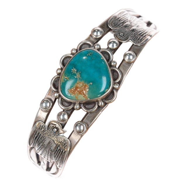 6.25" c1940's Navajo Fred Harvey thunderbird cuff bracelet with gem turquosie For Sale