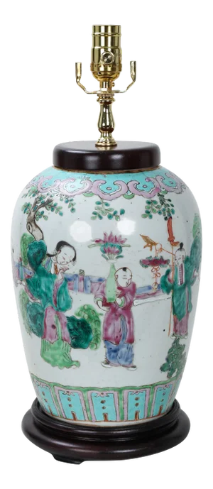 Vintage Famille Rose Scene and Symbols of Prosperity and Happiness Vase Lamp