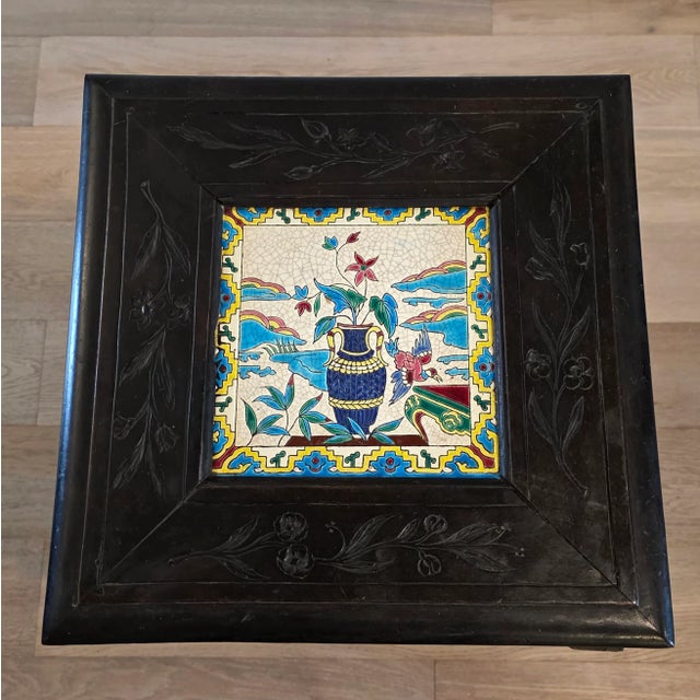 Chinoiserie 19th Century French Chinoiserie Japanesque Viardot Style Carved Ebonized Wood Longwy Ceramic Tile Table Stand For Sale - Image 3 of 18