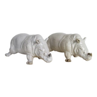 French Glazed Earthenware Rhinoceros Figurines - a Pair For Sale
