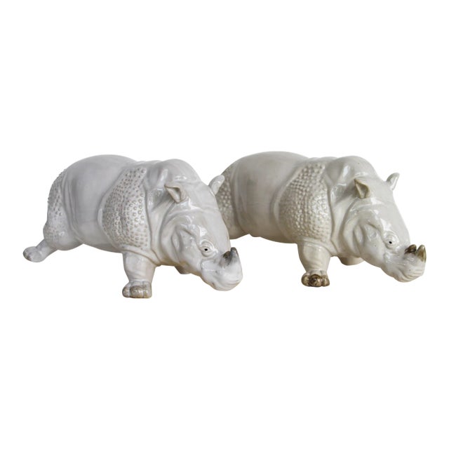 French Glazed Earthenware Rhinoceros Figurines - a Pair For Sale