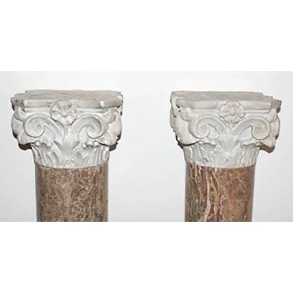 Antique late 19th century traditional Italian columns. Carved Carrara marble capitals and bases with polished Breccia...
