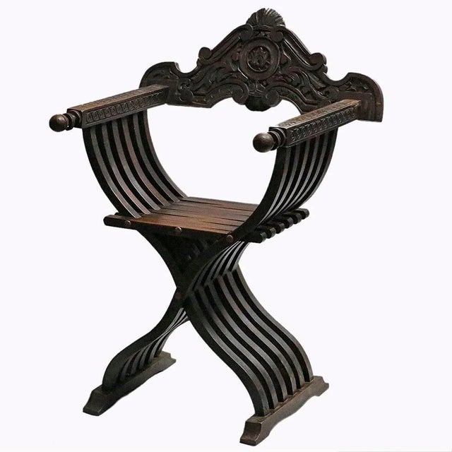 Early 20th century Italian Renaissance Revival style Savonarola armchairs having traditional X frames. Beautiful hand...