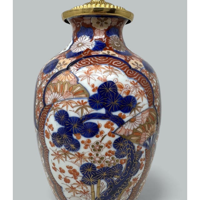 Ceramic Antique Pair Japanese Chinese Imari Porcelain Ormolu Table Lamps Blue Red Gilt For Sale - Image 7 of 9