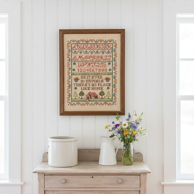 Vintage Framed Cross Stitch Sampler-Primitive-Folk Art-Needlework-Alphabet-Farm For Sale - Image 11 of 11