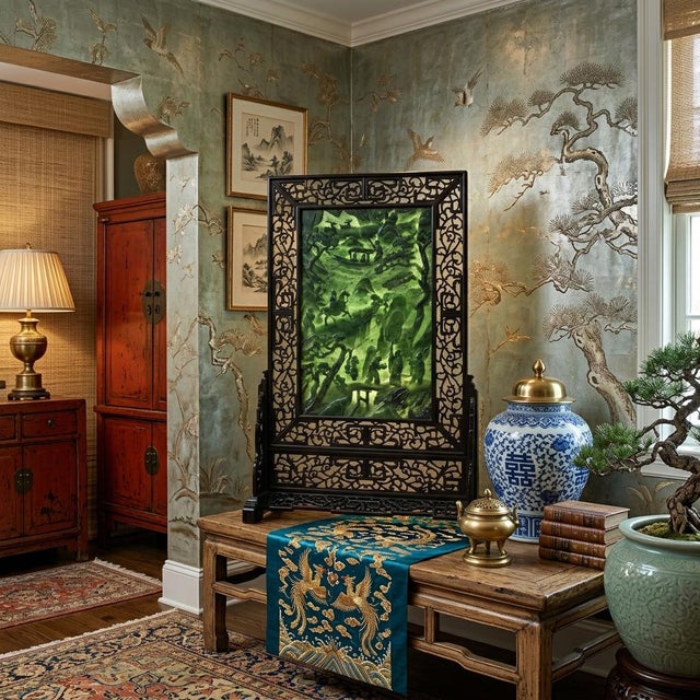Chinese Vintage Spinach Green Stone Scenery Carving Table Top Wall Panel Display For Sale - Image 16 of 16