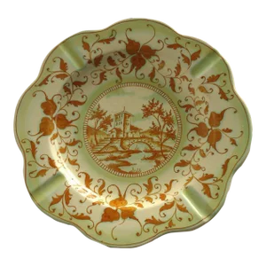 Ochre Toile Hand Painted Large Vintage Italian Pottery Ashtray Catchall Mid 20th Century
