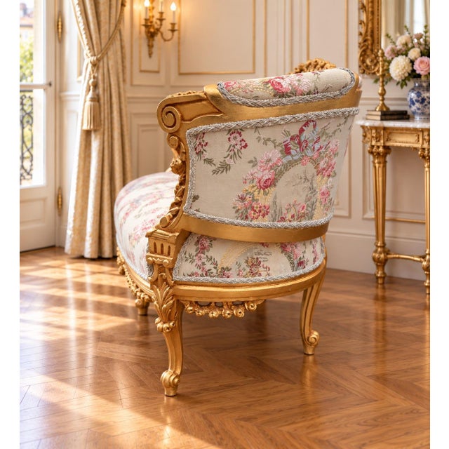 1970 French Artisan Louis XVI Gold Damask Settee For Sale - Image 12 of 13