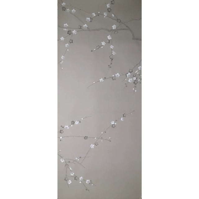 Art Deco Grey Plum Blossom Wallpaper Hand Painted Mural Dining Room Feature Wall Panels For Sale - Image 3 of 6