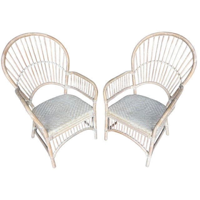 Wood Vintage Coastal Rattan Fan Back Armchairs With Woven Seats, a Pair For Sale - Image 7 of 12