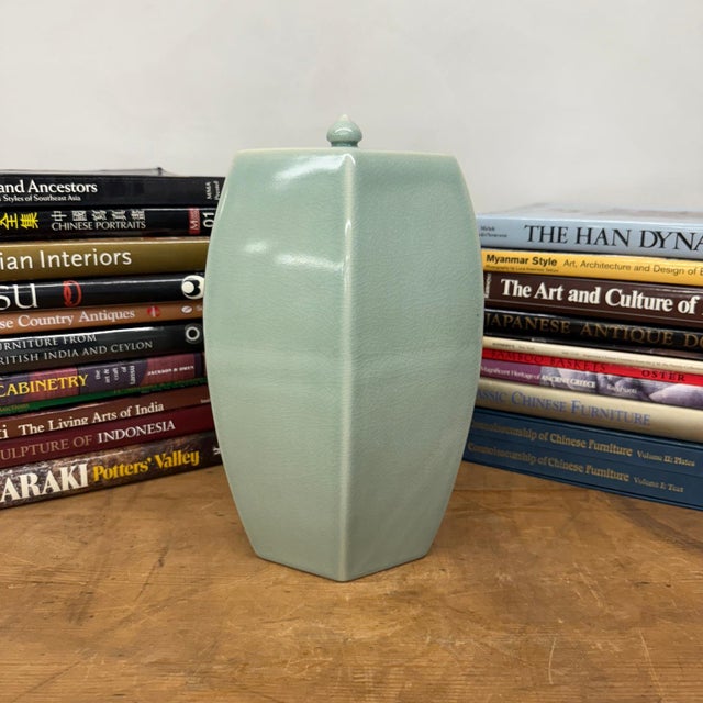 Light Green Crackle Glaze Hexagonal Lidded Jar For Sale - Image 4 of 11