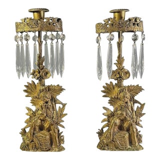 Antique Victorian Cornelius & Co. Gilt Mantel Lusters, Crystal Girandoles, Gold Figural Candlesticks Candelabra Marble 1800’s For Sale
