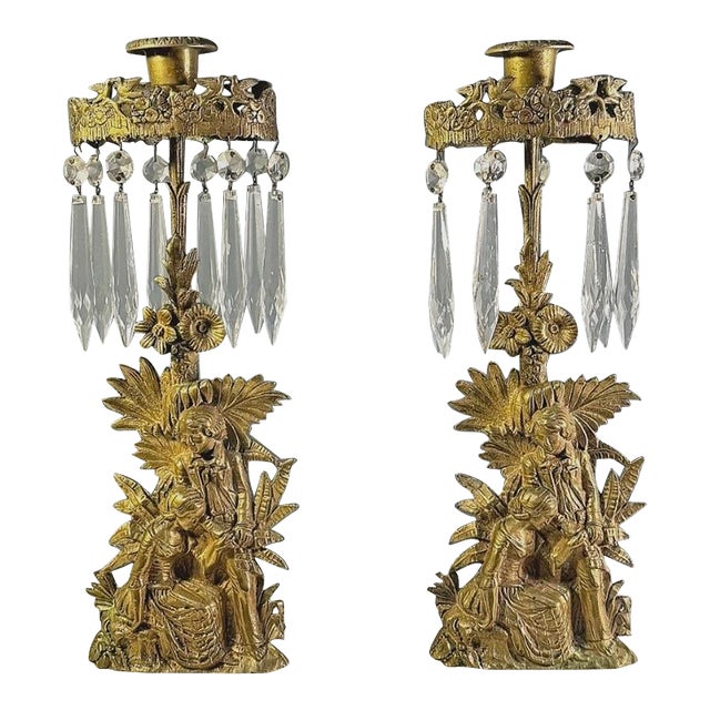 Antique Victorian Cornelius & Co. Gilt Mantel Lusters, Crystal Girandoles, Gold Figural Candlesticks Candelabra Marble 1800’s For Sale