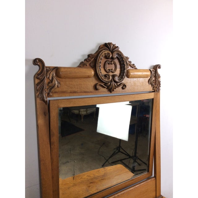 Antique Five Drawer Oak Dresser With Large Mounted Mirror For Sale - Image 4 of 18