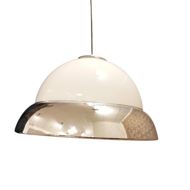 White Glass and Chrome Metal Pendant Light, Italy, 1960s For Sale - Image 10 of 11