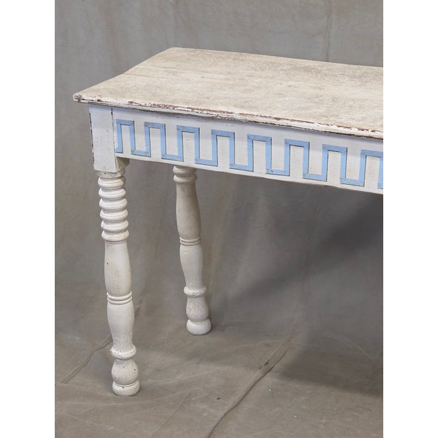 Rustic Antique French Rustic Painted Pine and Hardwood Console Table With Greek Key Motif For Sale - Image 3 of 17