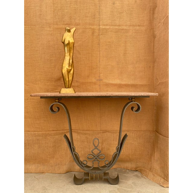 1960s Iron + Marble French Art Deco Poillerat-Style Wall-Mounted Console Table For Sale - Image 5 of 18