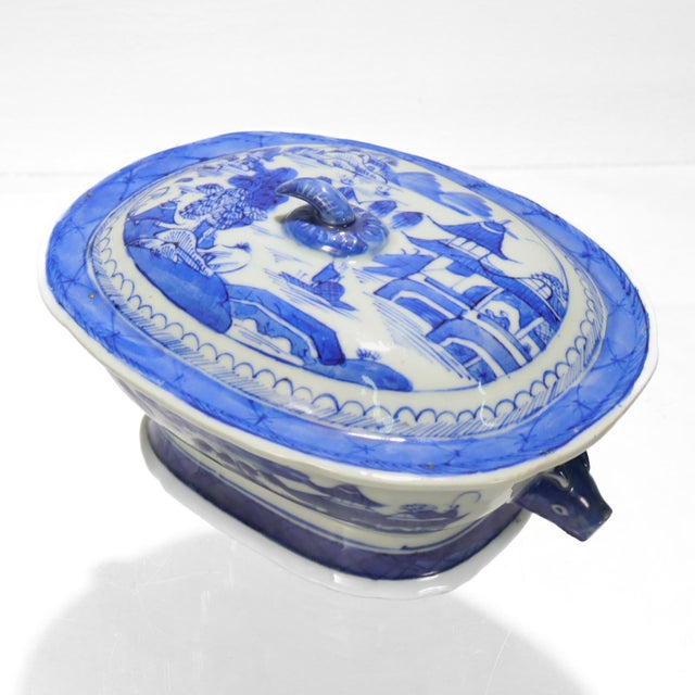 Ceramic Antique Blue & White Canton Chinese Export Porcelain Miniature Sauce Tureen For Sale - Image 7 of 12