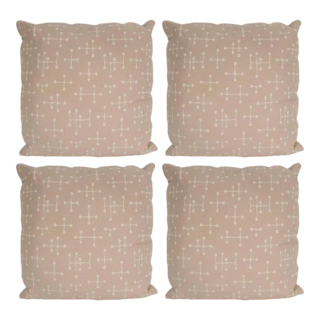 Modern Beige Cotton Twill Pillows with Geometric Jacks Motif - Set of 4 For Sale
