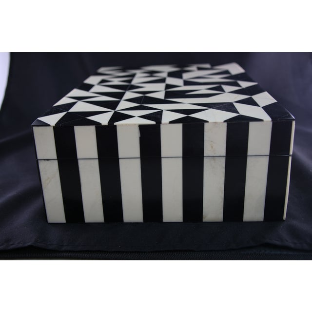 Early 21st Century Black and White Geometric Patterned Faux-Bone Inlaid Wood Box For Sale - Image 5 of 8