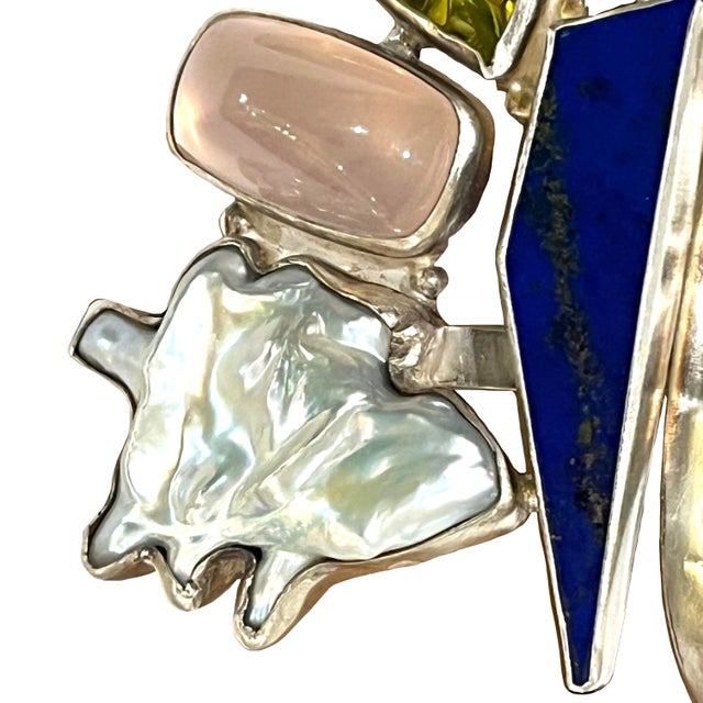 Pink Vintage Statement Brutalist Cuff - Sterling Silver - Semi-Precious Gems - Studio Greytak Montana For Sale - Image 8 of 14