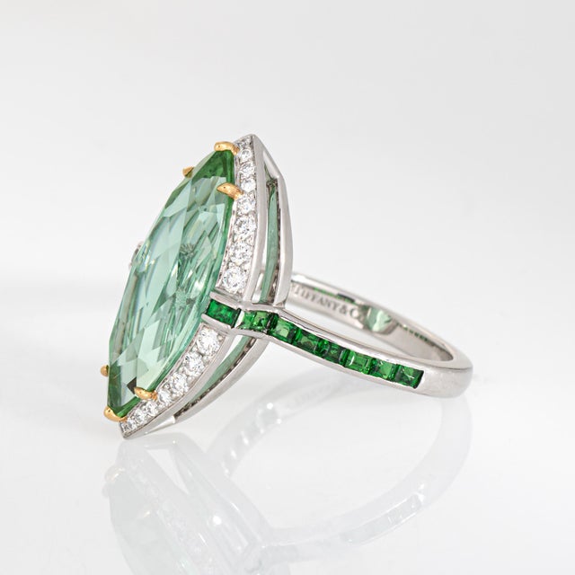 Modern Late 20th Century Tiffany & Co High Jewelry Green Tourmaline Diamond Ring Tsavorite 18k Platinum, Size 6 For Sale - Image 3 of 8