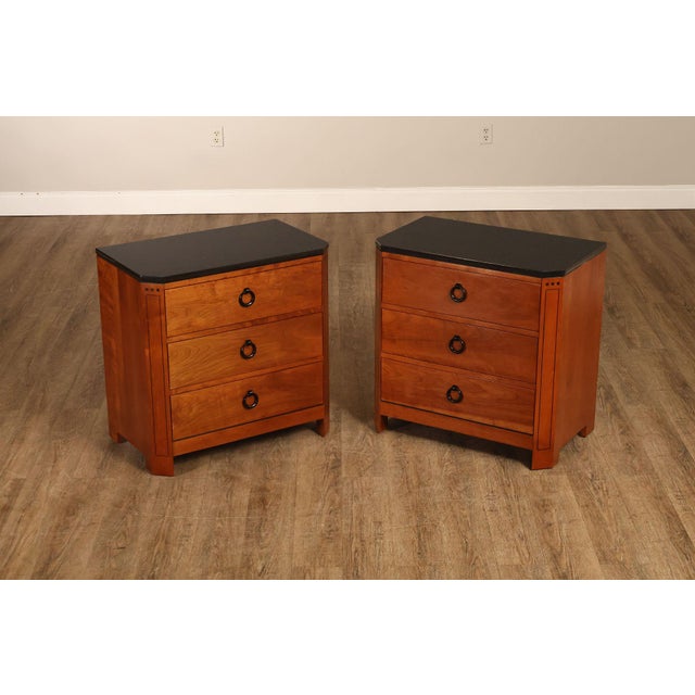 High Quality American Made Pair of Granite Top Cherry Bedside Chests, Each with Three Dovetailed Drawers with Ring...