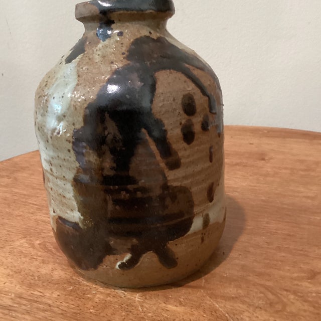 Vintage Handmade Woodfired Stoneware Vessel/Vase With Muted Glaze Pattern, Artist Signed For Sale - Image 4 of 12