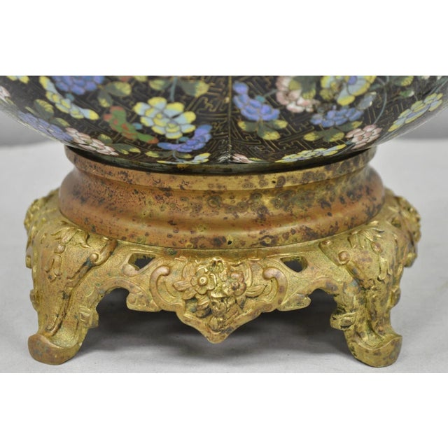 Late 19th Century Antique Chinese Black Cloisonne Enamel Butterfly & Flower Bronze Cachepot Vase For Sale - Image 5 of 12
