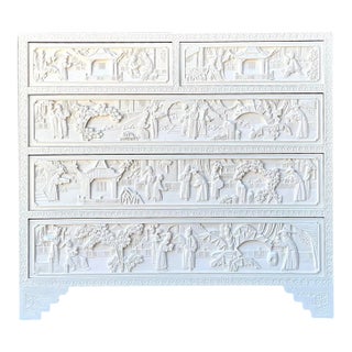 Vintage Todd Hase Asian Carved Relief Chest of Drawers For Sale