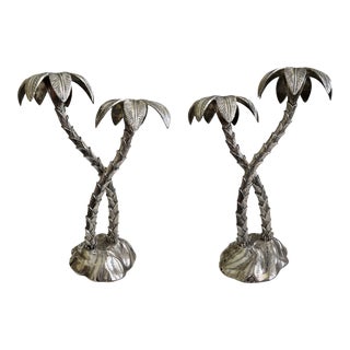 Vintage Godinger Shiny Silver Plated Palm Tree Island Candlestick Holders Candelabras - a Pair For Sale
