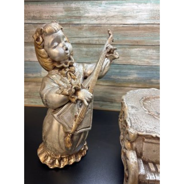 Hollywood Regency Large 1950s Florentine Borghese-Style Gilt Chalkware Musical Cherubs With Grand Piano – 3-Piece Set For Sale - Image 3 of 9
