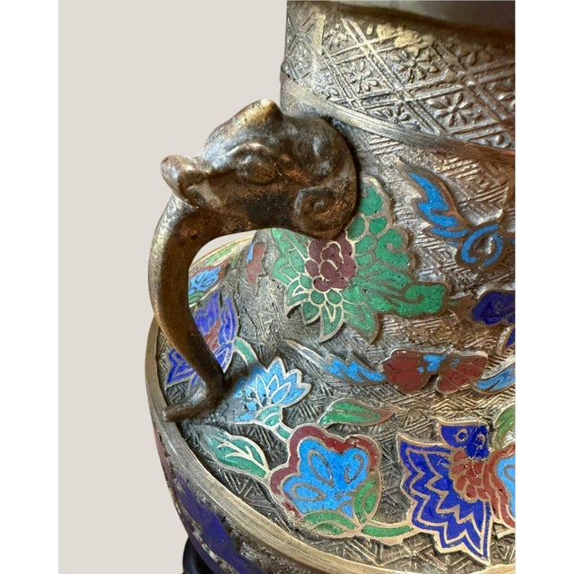 Vintage Chinese Champleve Brass Dragon Phoenix Elephant Handle Table Lamp For Sale - Image 9 of 10