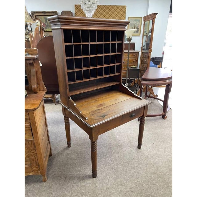 American Antique Primative Wooden Postal Mail Sorting Desk Cabinet, 32 Cubbies, Deep Drawer For Sale - Image 3 of 12