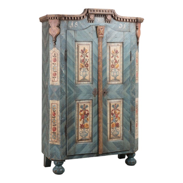 1831 Hungarian Original Blue Hand-Painted Pine Armoire For Sale