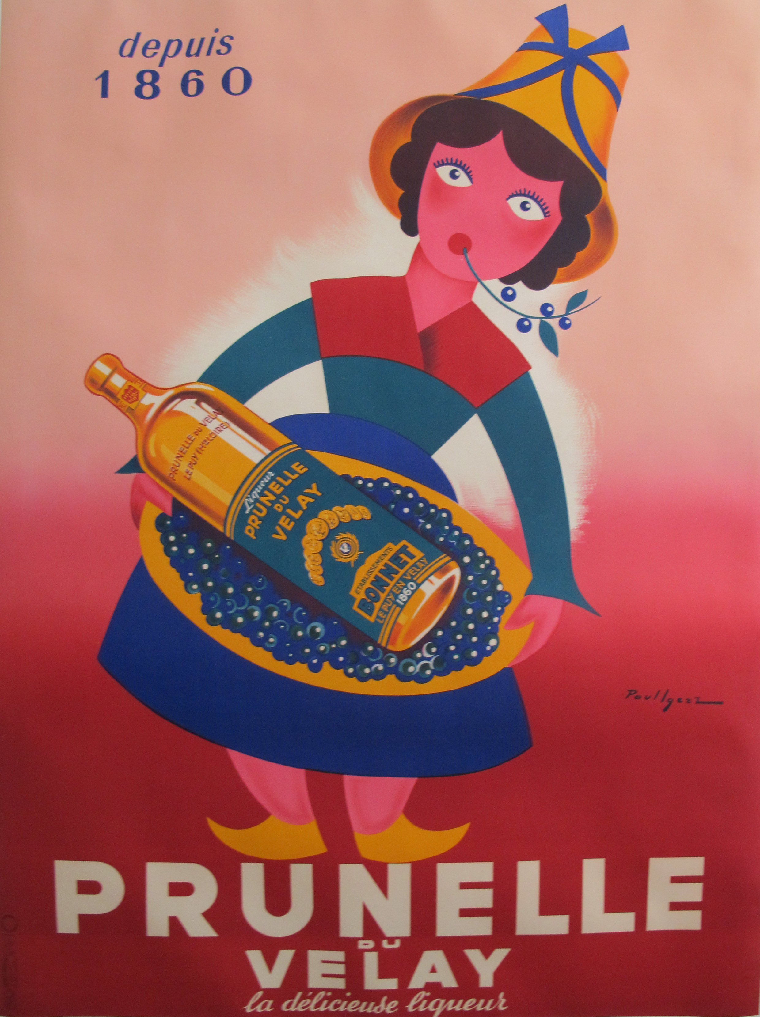 1950's Vintage Original French Alcohol Poster, Prunelle Du Velay