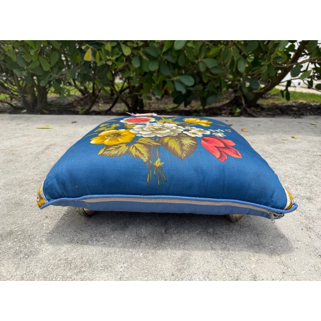 Mid 20th Century Vintage Floral Upholstered Footstool on Brass Ball Casters For Sale - Image 5 of 13