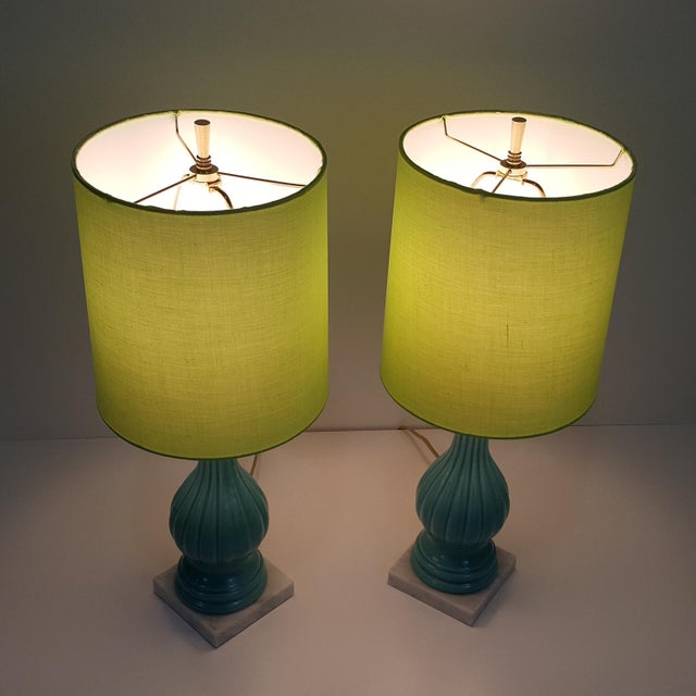 MidCentury Modern Aqua Blue Pottery Lamps With Chartreuse Shades a