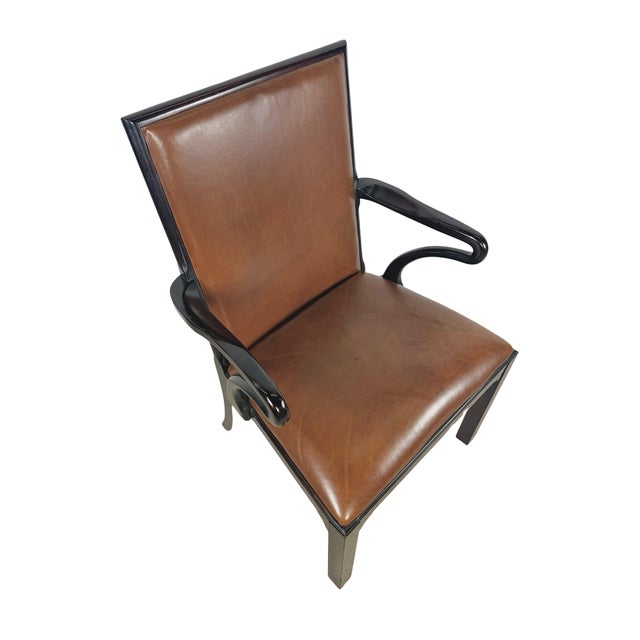 Early 21st Century Vintage Baker Furniture Brown Leather & Ebonized Wood Armchair For Sale - Image 5 of 17