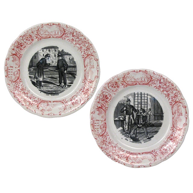 1870s Antique French Red & White Transferware Plate - A Pair For Sale