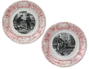 1870s Antique French Red & White Transferware Plate - A Pair