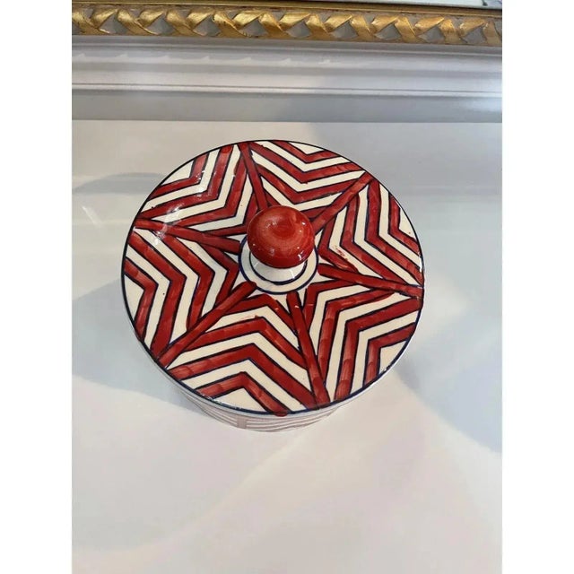 Modern Decorative Red & Navy Chevron Bowl & Lid For Sale - Image 4 of 9